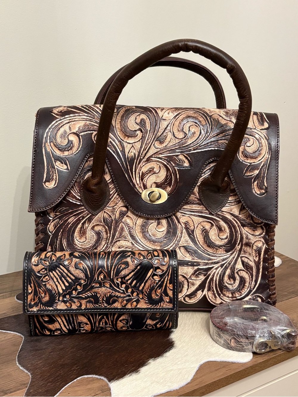 Hand-Tooled Brown Leather Satchel with Wallet - Floral Scroll Design
